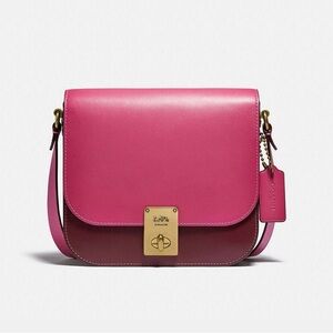 Coach Hutton Saddle Colorblock Pink & Maroon Leather Crossbody Bag